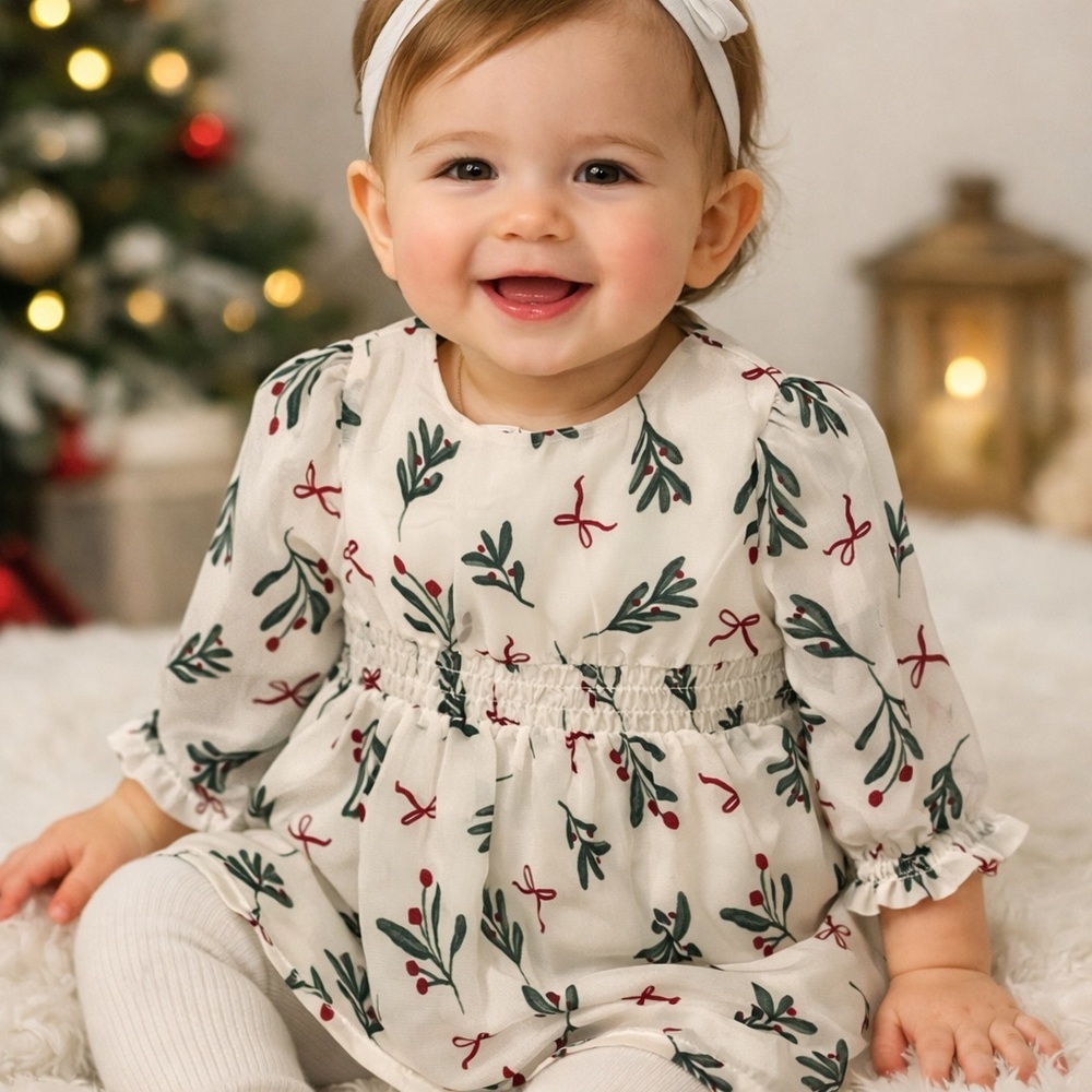 Carter's White Dress with Green Leaf and Red Berry Print